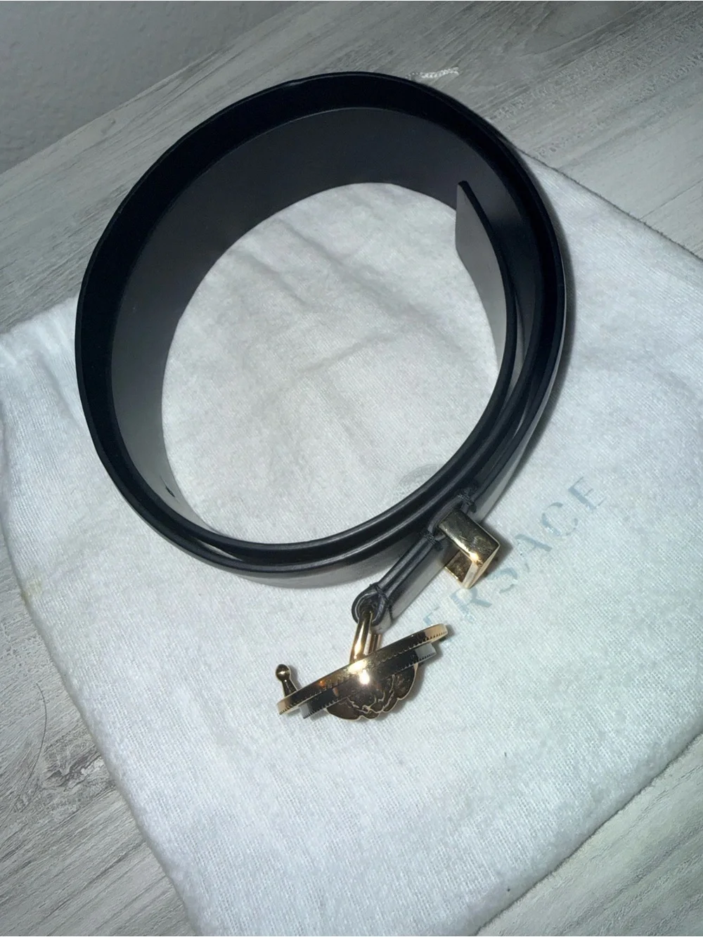 Versace Black Leather Belt with Gold Medusa Round Buckle